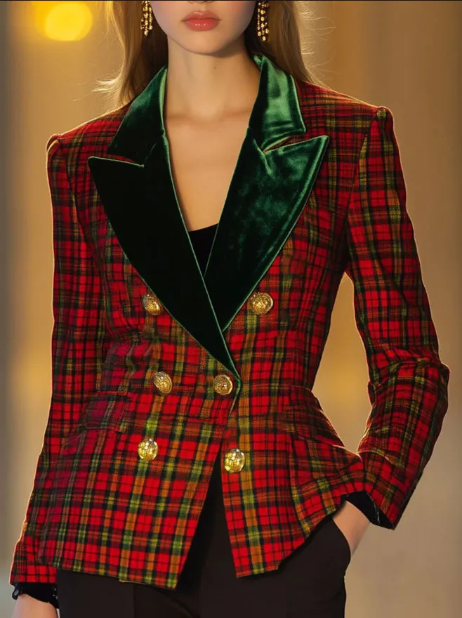 【24-hour shipping】Casual Retro Woolen Red And Green Plaid Velvet Lapel Double-Breasted Blazer