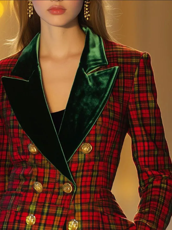 【24-hour shipping】Casual Retro Woolen Red And Green Plaid Velvet Lapel Double-Breasted Blazer