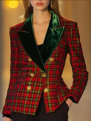 【24-hour shipping】Casual Retro Woolen Red And Green Plaid Velvet Lapel Double-Breasted Blazer
