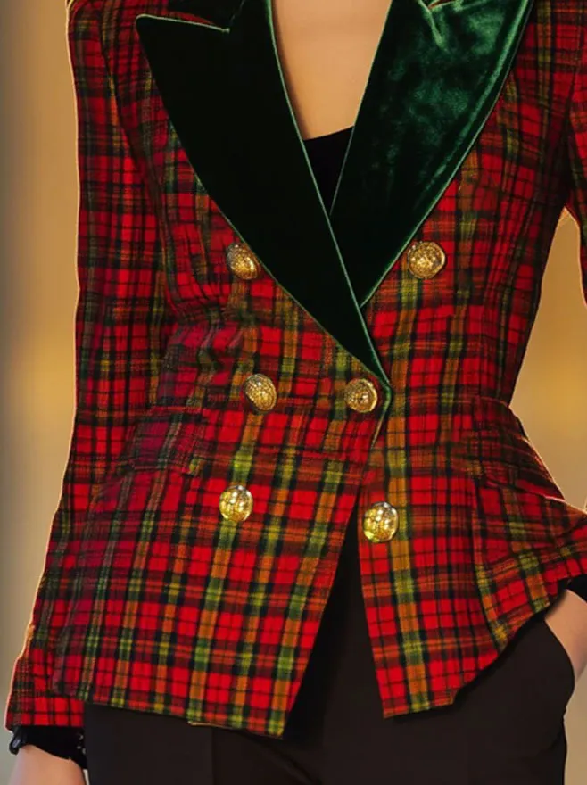 【24-hour shipping】Casual Retro Woolen Red And Green Plaid Velvet Lapel Double-Breasted Blazer