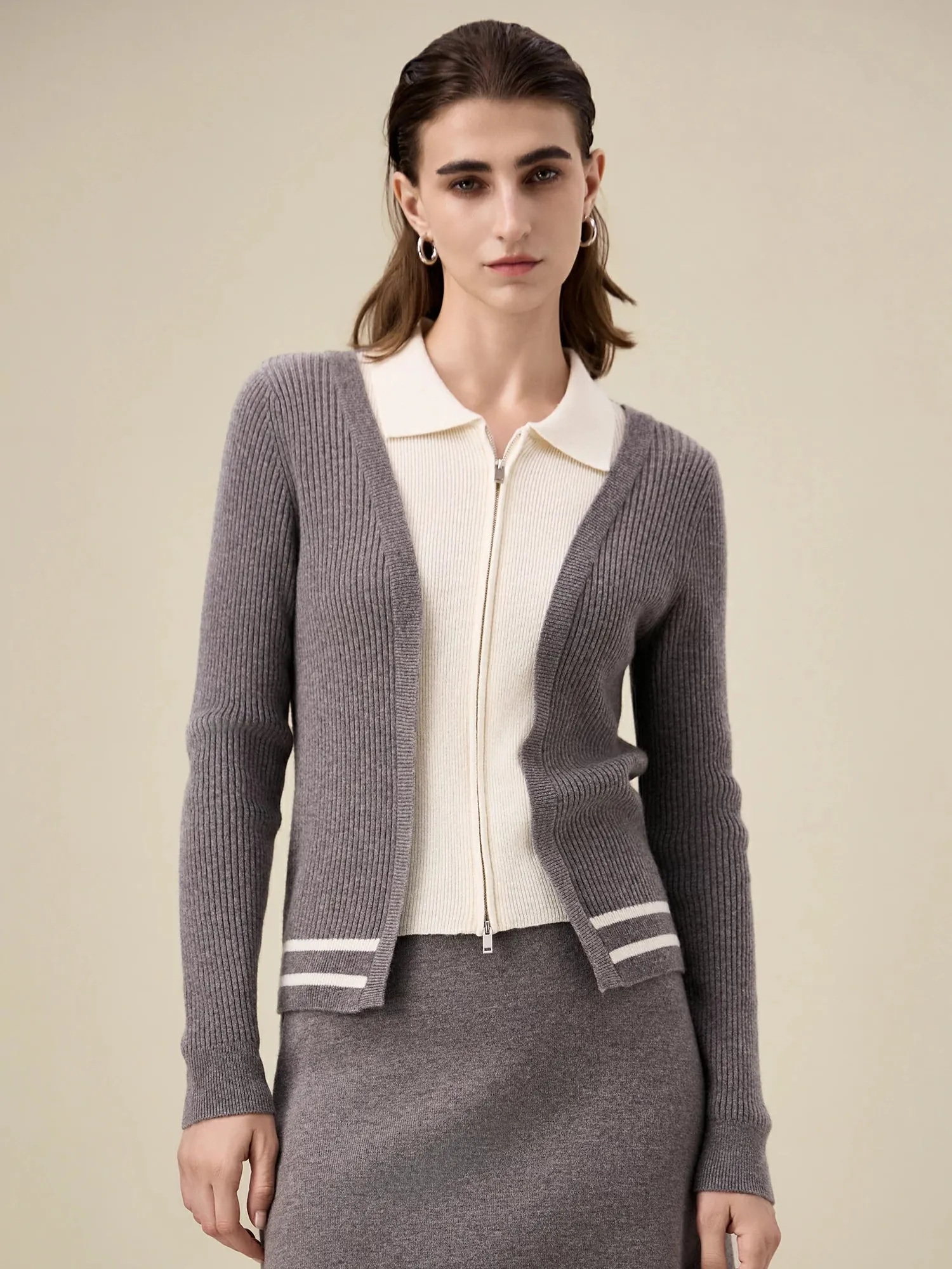 Amoretu 100% Wool Lapel Contrast Color Double-Zip Knit Cardigan