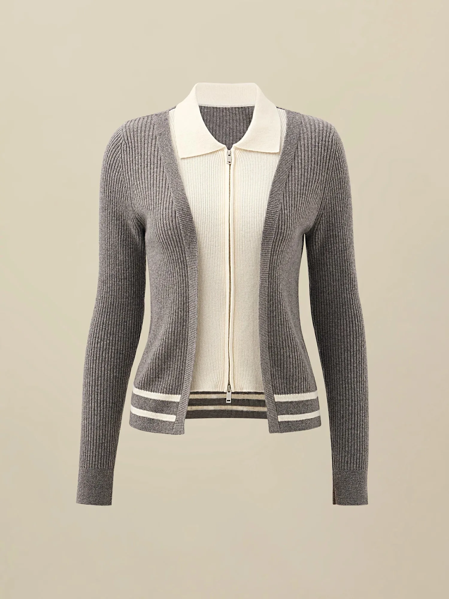 Amoretu 100% Wool Lapel Contrast Color Double-Zip Knit Cardigan