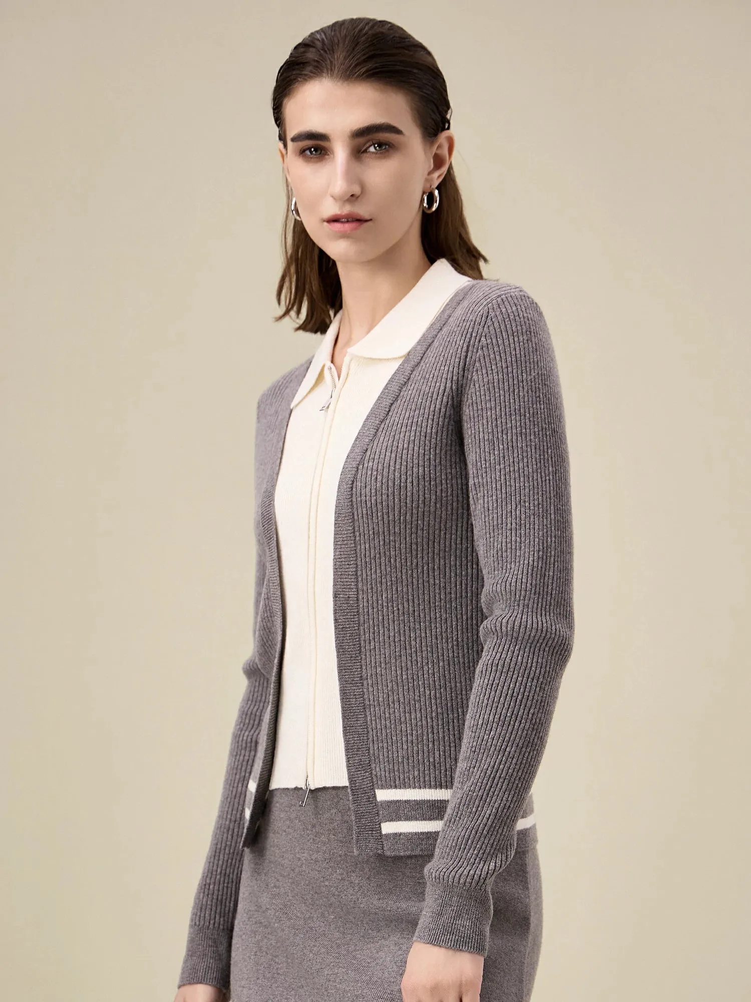 Amoretu 100% Wool Lapel Contrast Color Double-Zip Knit Cardigan