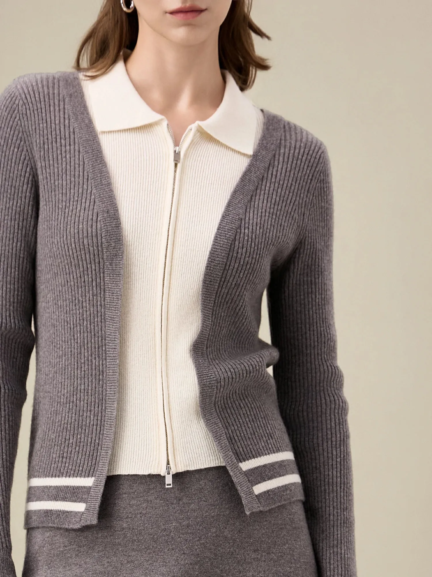 Amoretu 100% Wool Lapel Contrast Color Double-Zip Knit Cardigan