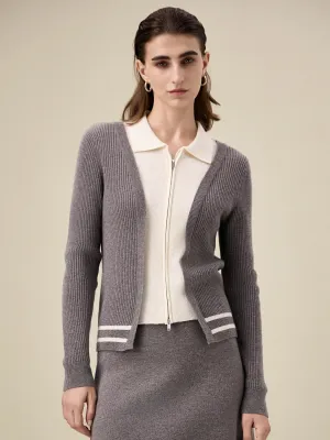 Amoretu 100% Wool Lapel Contrast Color Double-Zip Knit Cardigan