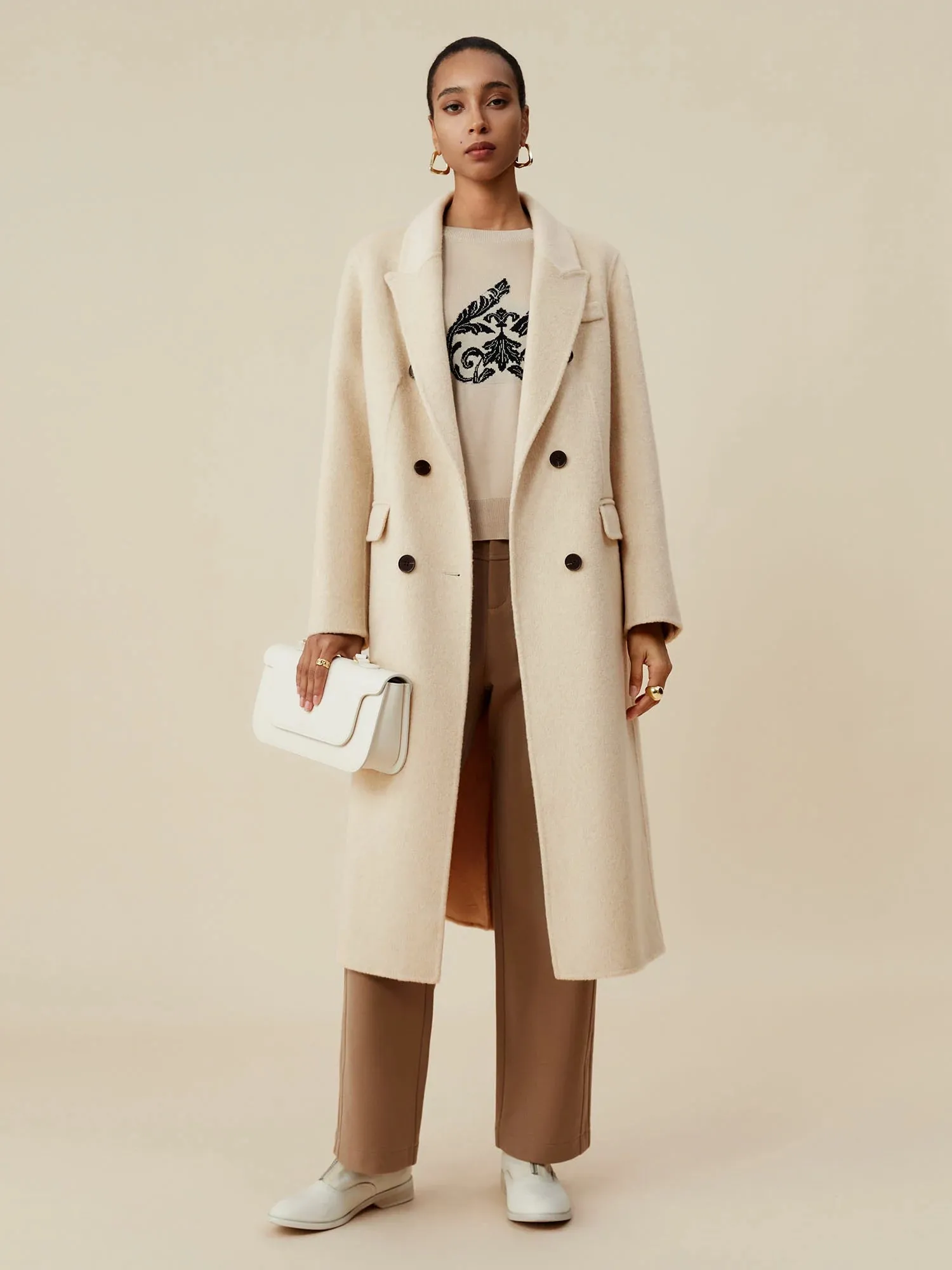 Amoretu Cashmere Wool Notched Lapels Double Breasted Coat