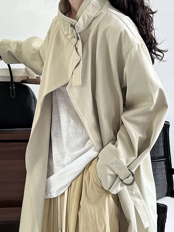 Asymmetric Buckle Solid Color Long Sleeves Loose Stand Collar Trench Coats