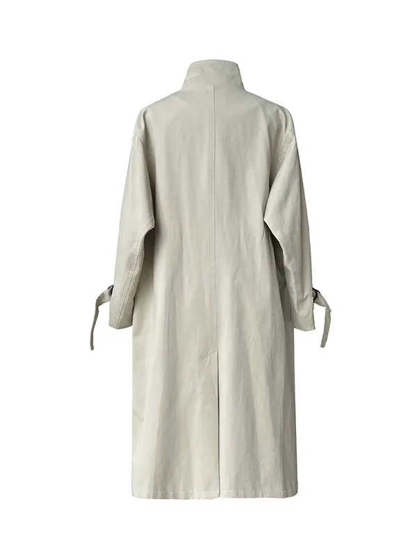Asymmetric Buckle Solid Color Long Sleeves Loose Stand Collar Trench Coats