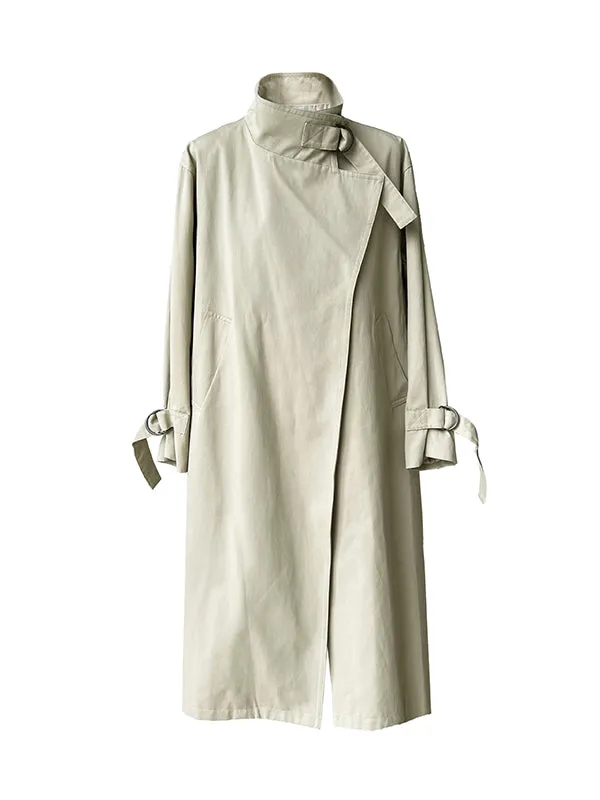 Asymmetric Buckle Solid Color Long Sleeves Loose Stand Collar Trench Coats