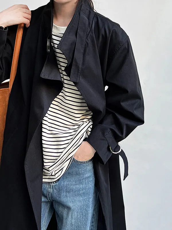 Asymmetric Buckle Solid Color Long Sleeves Loose Stand Collar Trench Coats