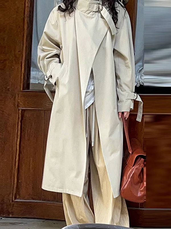 Asymmetric Buckle Solid Color Long Sleeves Loose Stand Collar Trench Coats