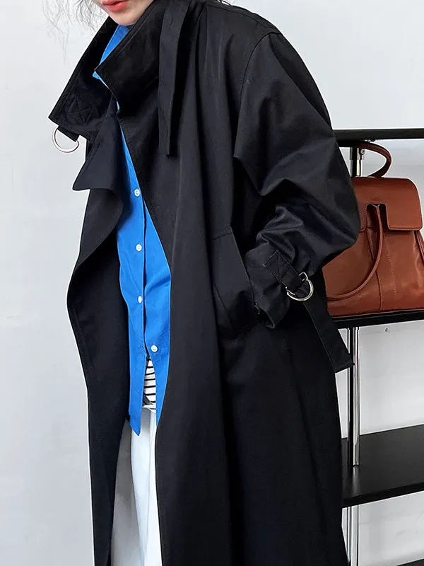 Asymmetric Buckle Solid Color Long Sleeves Loose Stand Collar Trench Coats