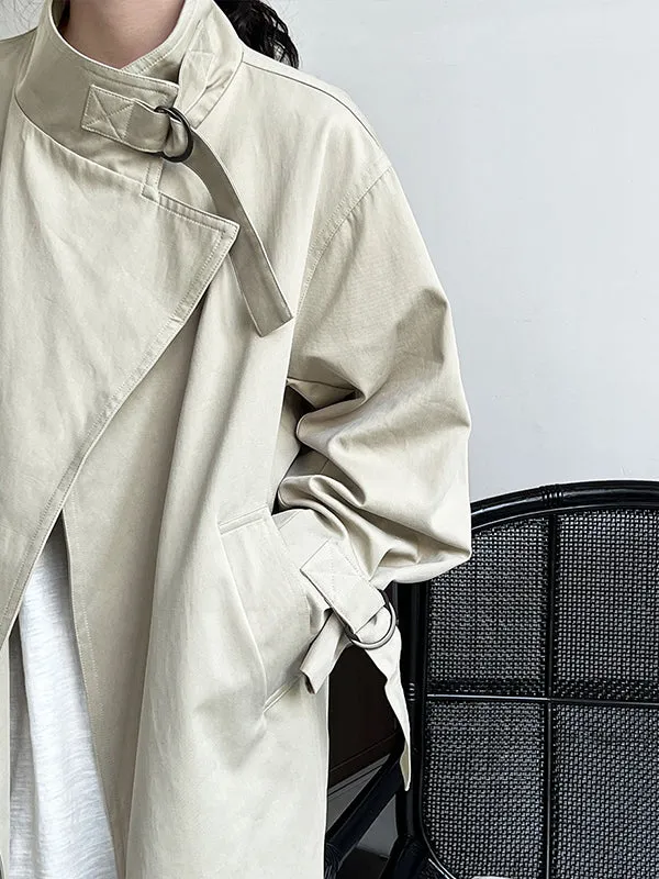 Asymmetric Buckle Solid Color Long Sleeves Loose Stand Collar Trench Coats