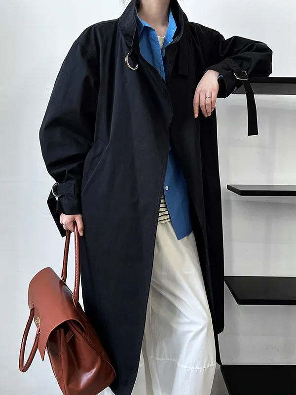 Asymmetric Buckle Solid Color Long Sleeves Loose Stand Collar Trench Coats