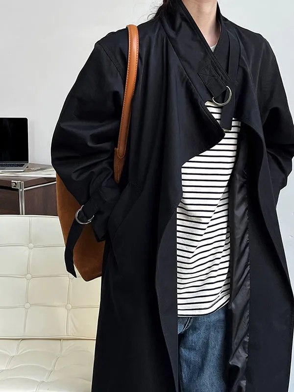 Asymmetric Buckle Solid Color Long Sleeves Loose Stand Collar Trench Coats