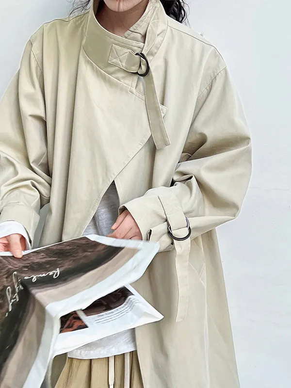 Asymmetric Buckle Solid Color Long Sleeves Loose Stand Collar Trench Coats