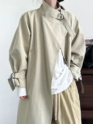 Asymmetric Buckle Solid Color Long Sleeves Loose Stand Collar Trench Coats