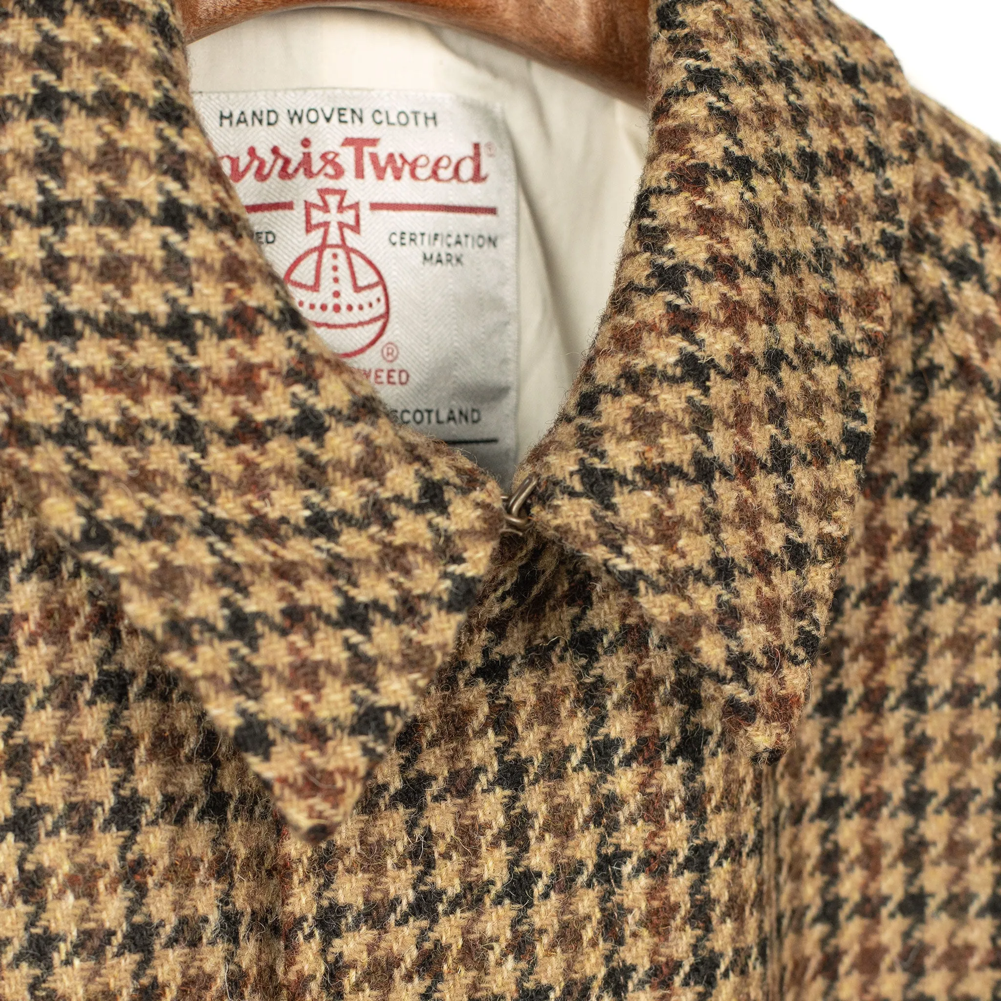 Balmacaan coat in brown, black, and burgundy guncheck Harris Tweed wool (restock)