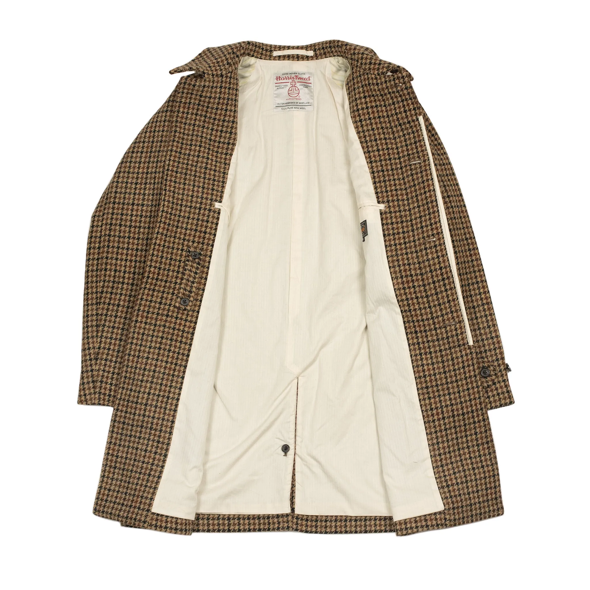 Balmacaan coat in brown, black, and burgundy guncheck Harris Tweed wool (restock)