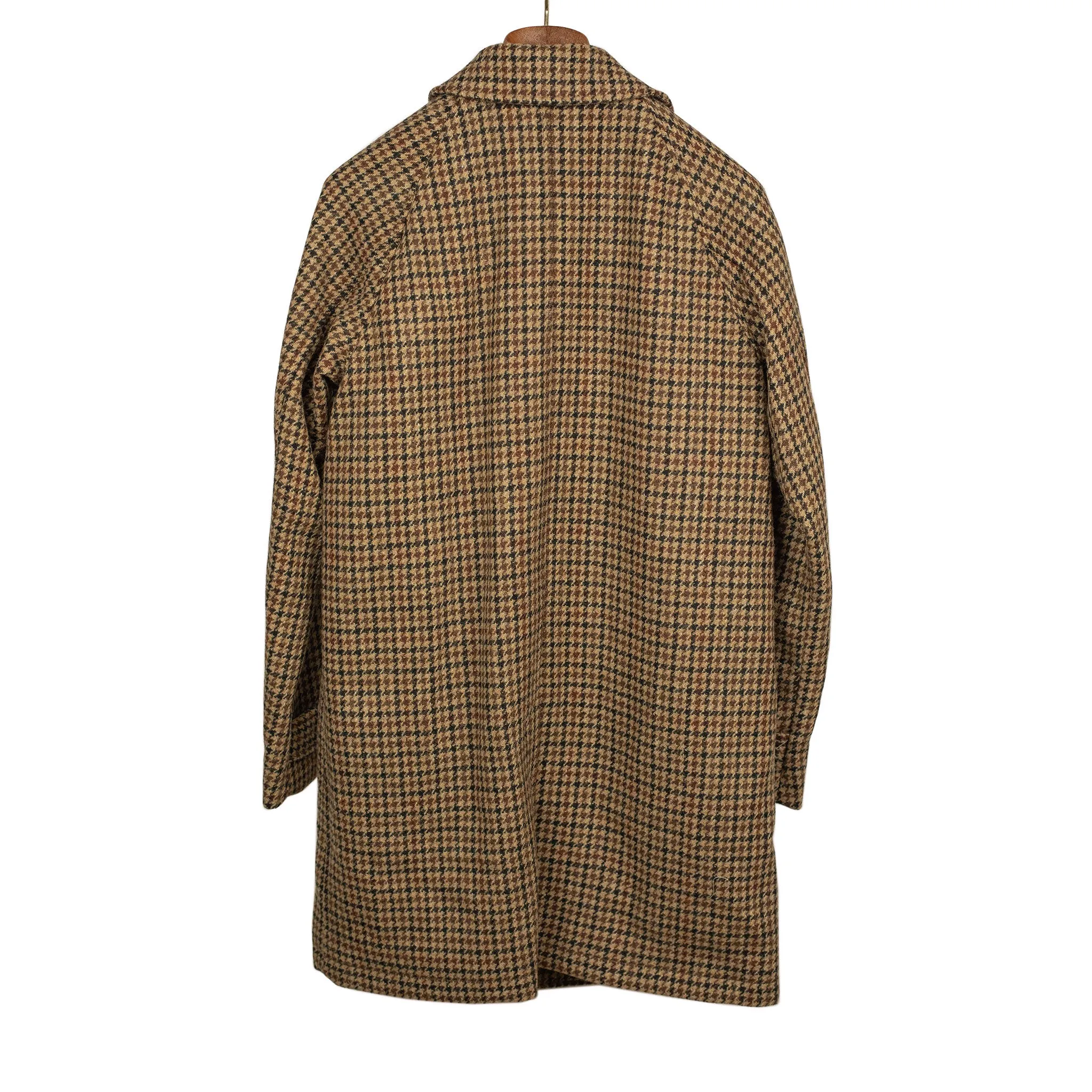 Balmacaan coat in brown, black, and burgundy guncheck Harris Tweed wool (restock)