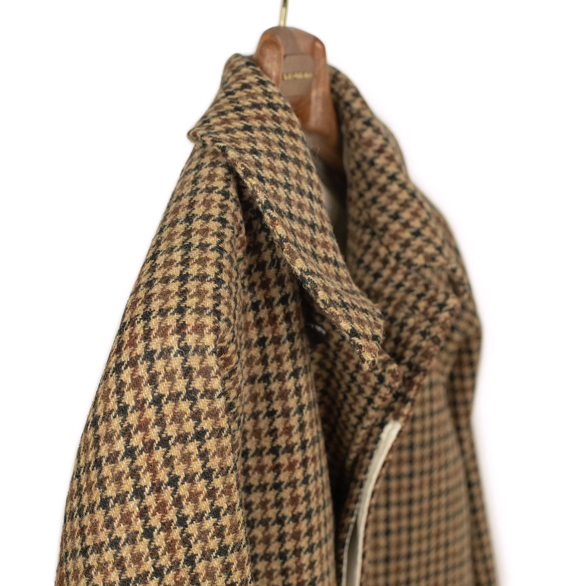 Balmacaan coat in brown, black, and burgundy guncheck Harris Tweed wool (restock)
