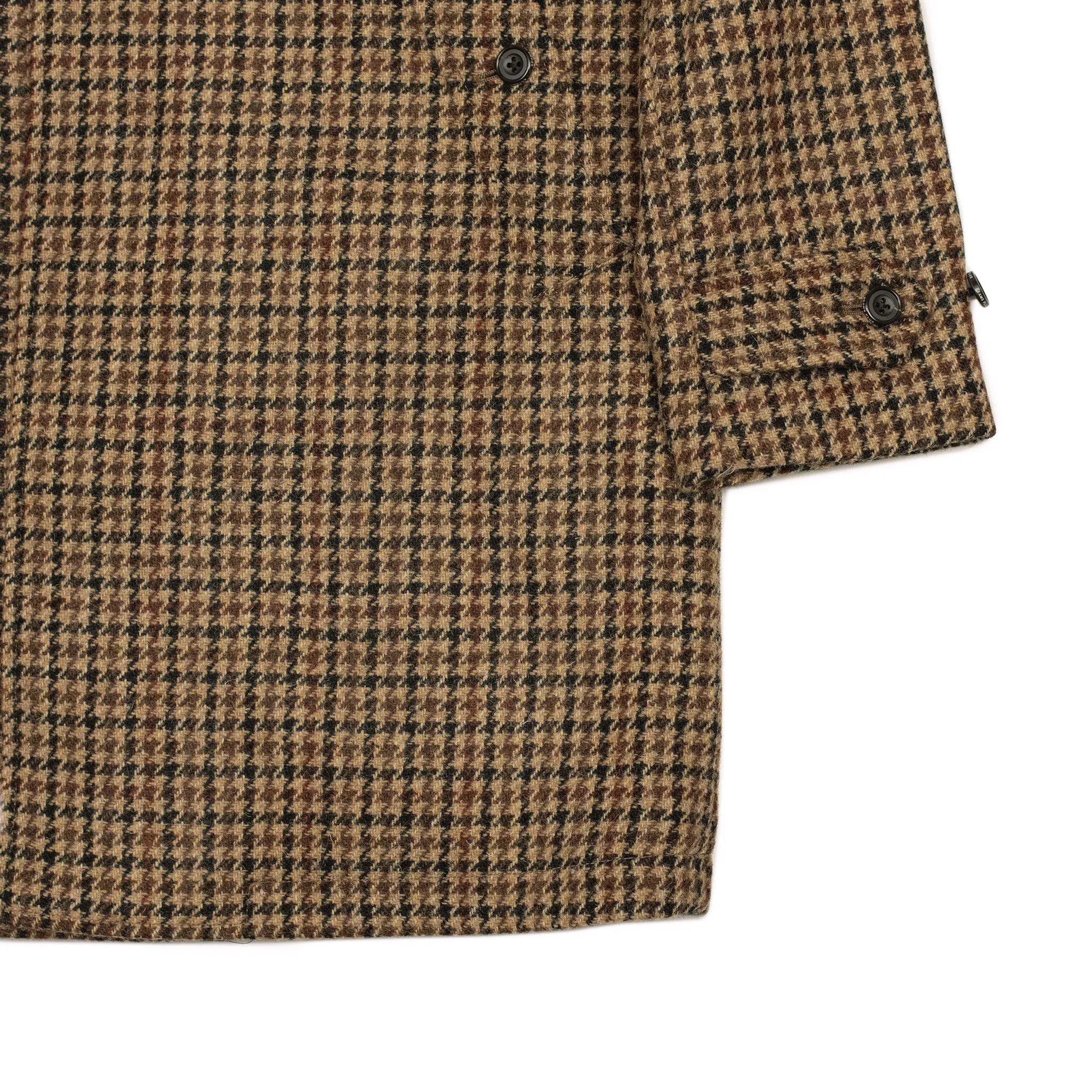 Balmacaan coat in brown, black, and burgundy guncheck Harris Tweed wool (restock)