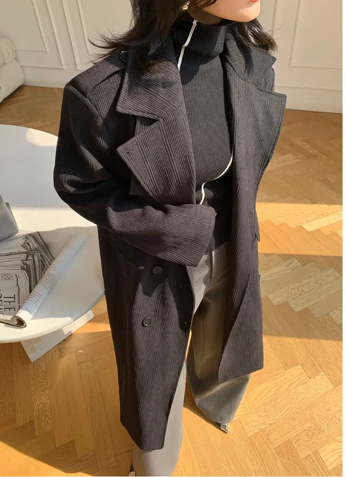 Black WANXO color stand collar corduroy coat new loose medium and long woolen coat- Sala