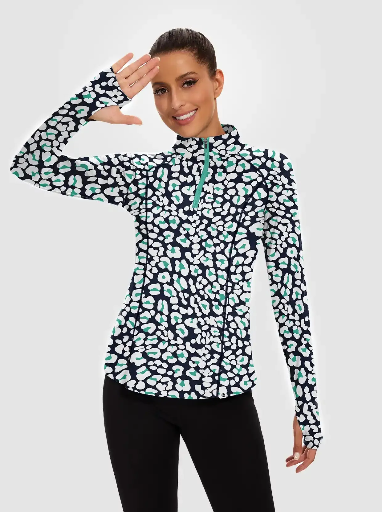 Blue Leopard Quarter-zip Long-sleeve Fleece Tops for Women