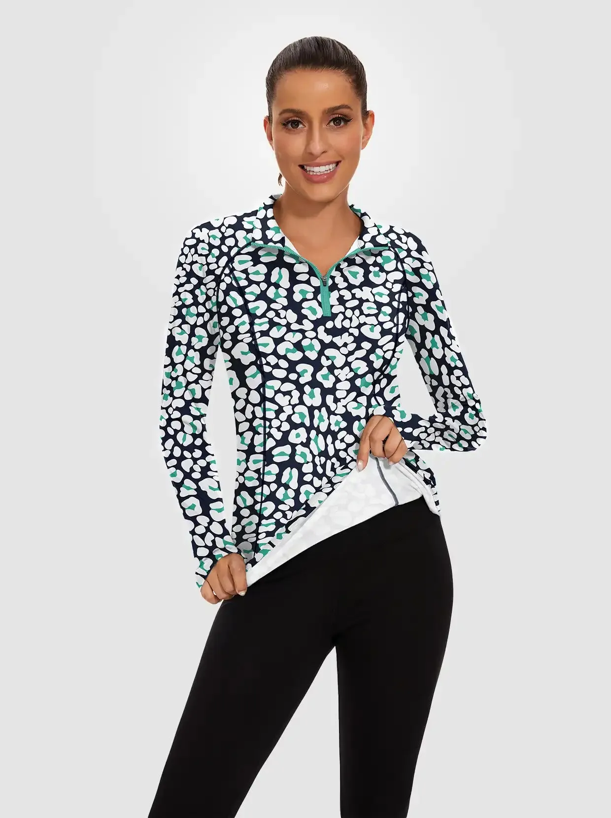 Blue Leopard Quarter-zip Long-sleeve Fleece Tops for Women