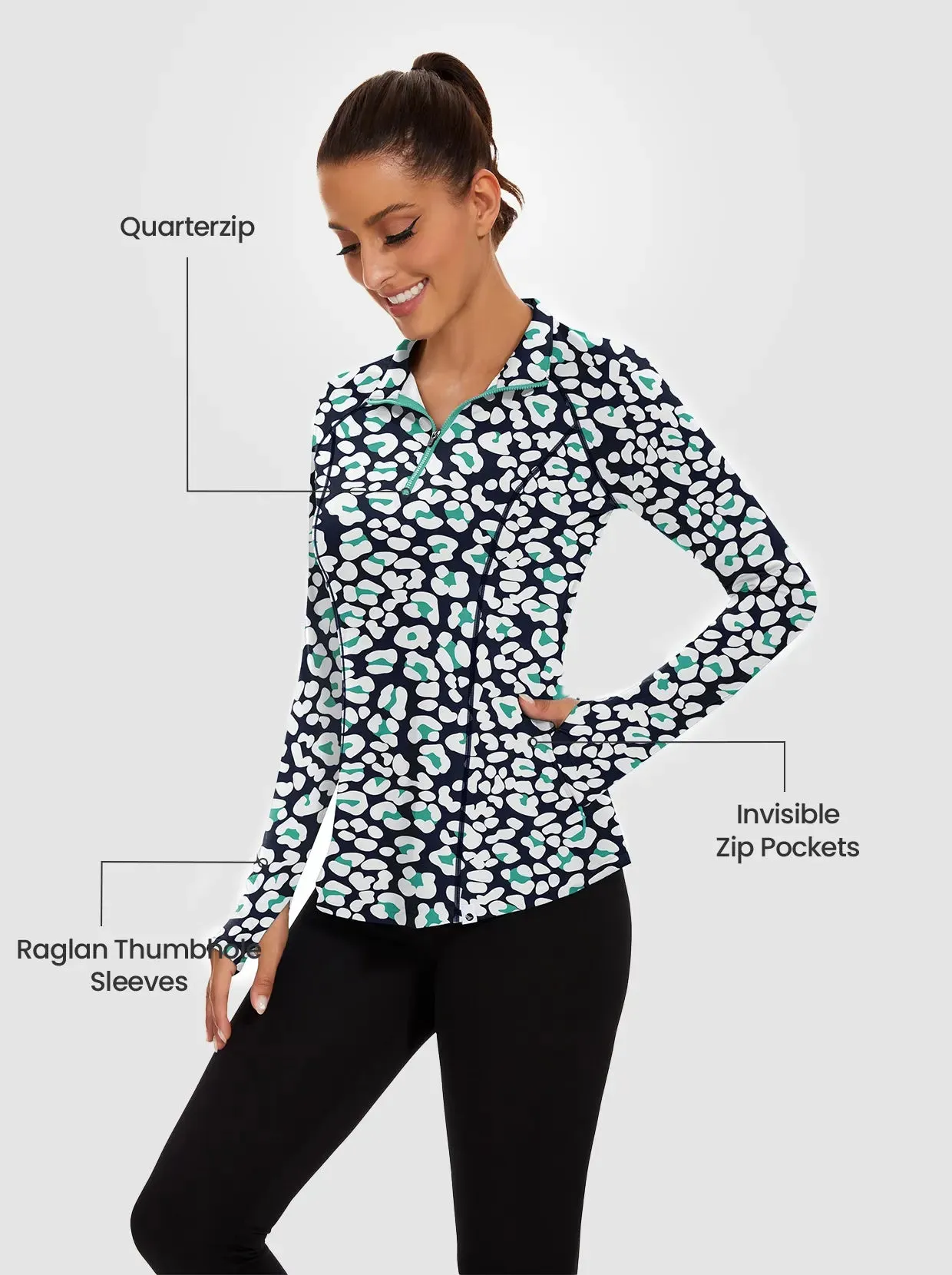 Blue Leopard Quarter-zip Long-sleeve Fleece Tops for Women