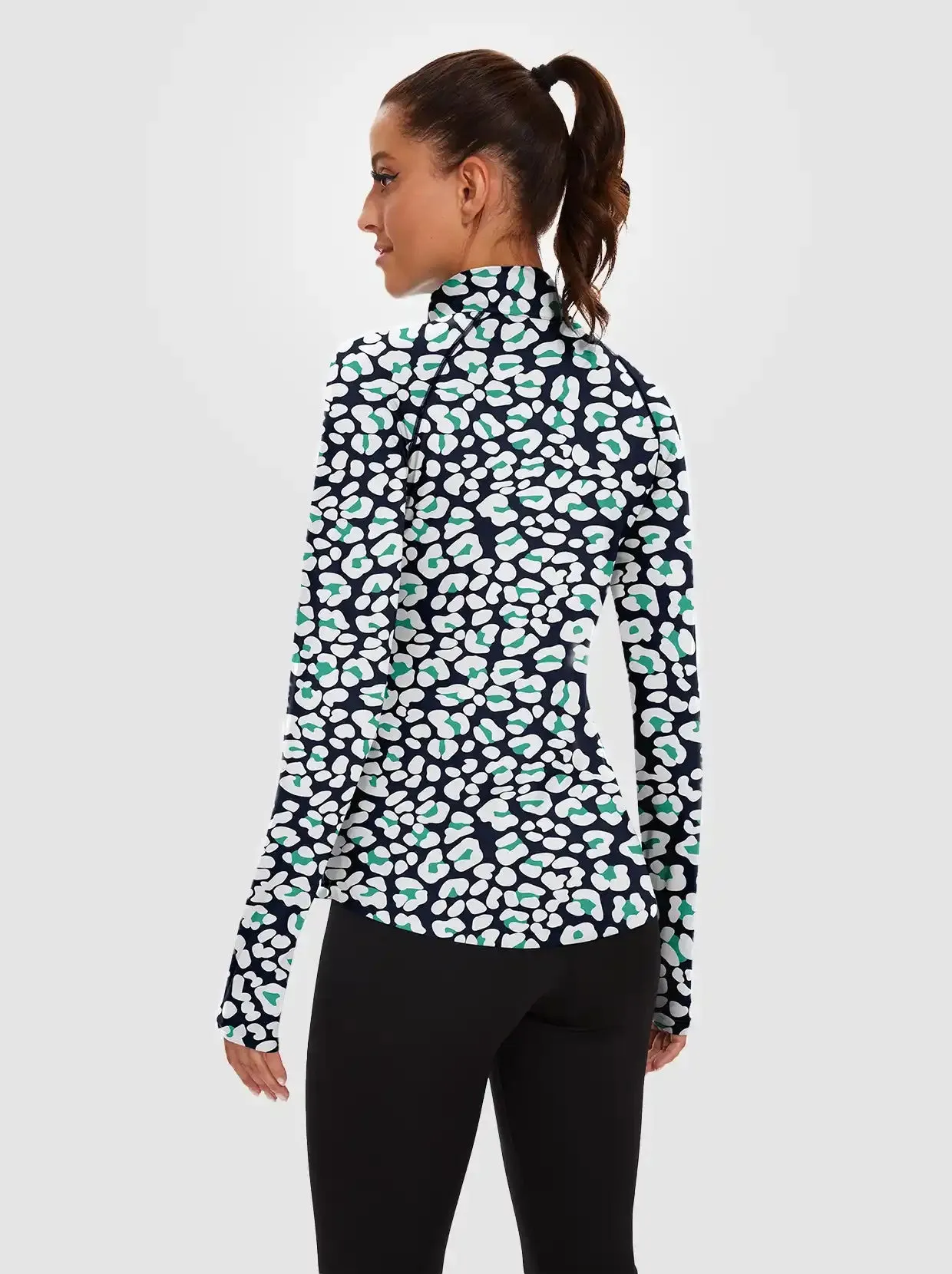 Blue Leopard Quarter-zip Long-sleeve Fleece Tops for Women