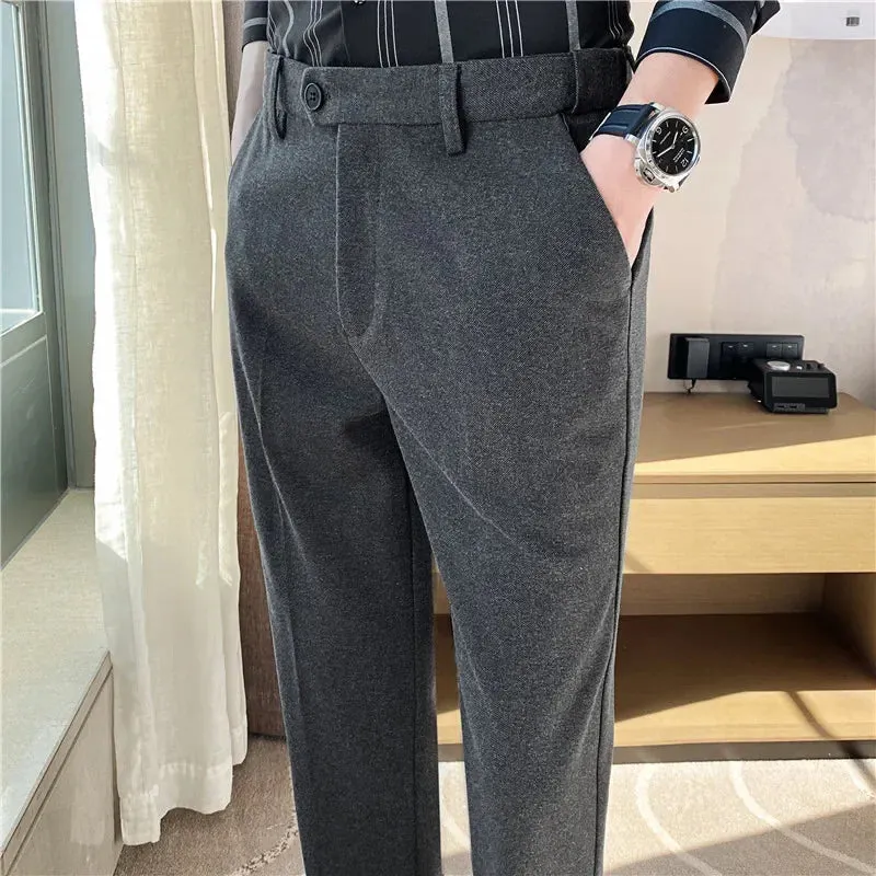 Bonsir Winter Thickened Woolen Suit Pant Mens Casual Straight Trousers Korean Classic Fashion Business Formal Office Social Suit Pants