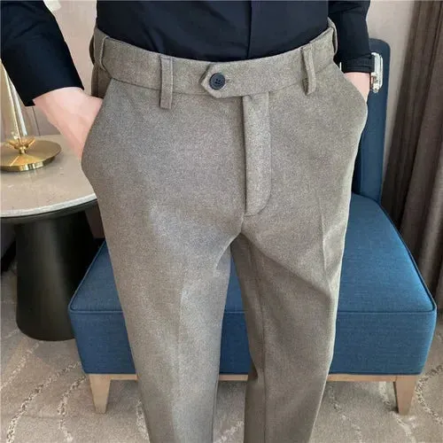 Bonsir Winter Thickened Woolen Suit Pant Mens Casual Straight Trousers Korean Classic Fashion Business Formal Office Social Suit Pants