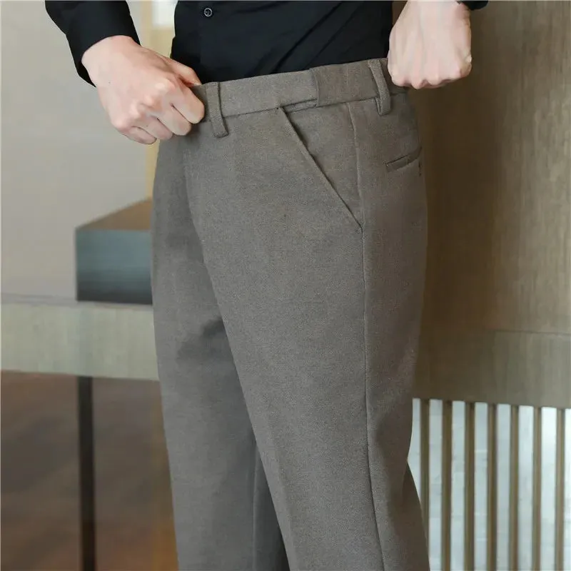Bonsir Winter Thickened Woolen Suit Pant Mens Casual Straight Trousers Korean Classic Fashion Business Formal Office Social Suit Pants