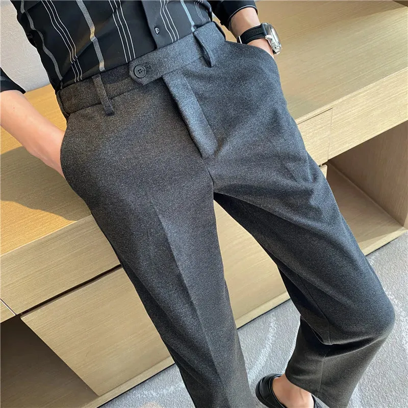 Bonsir Winter Thickened Woolen Suit Pant Mens Casual Straight Trousers Korean Classic Fashion Business Formal Office Social Suit Pants