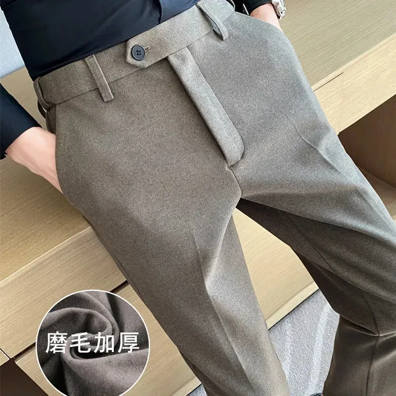 Bonsir Winter Thickened Woolen Suit Pant Mens Casual Straight Trousers Korean Classic Fashion Business Formal Office Social Suit Pants