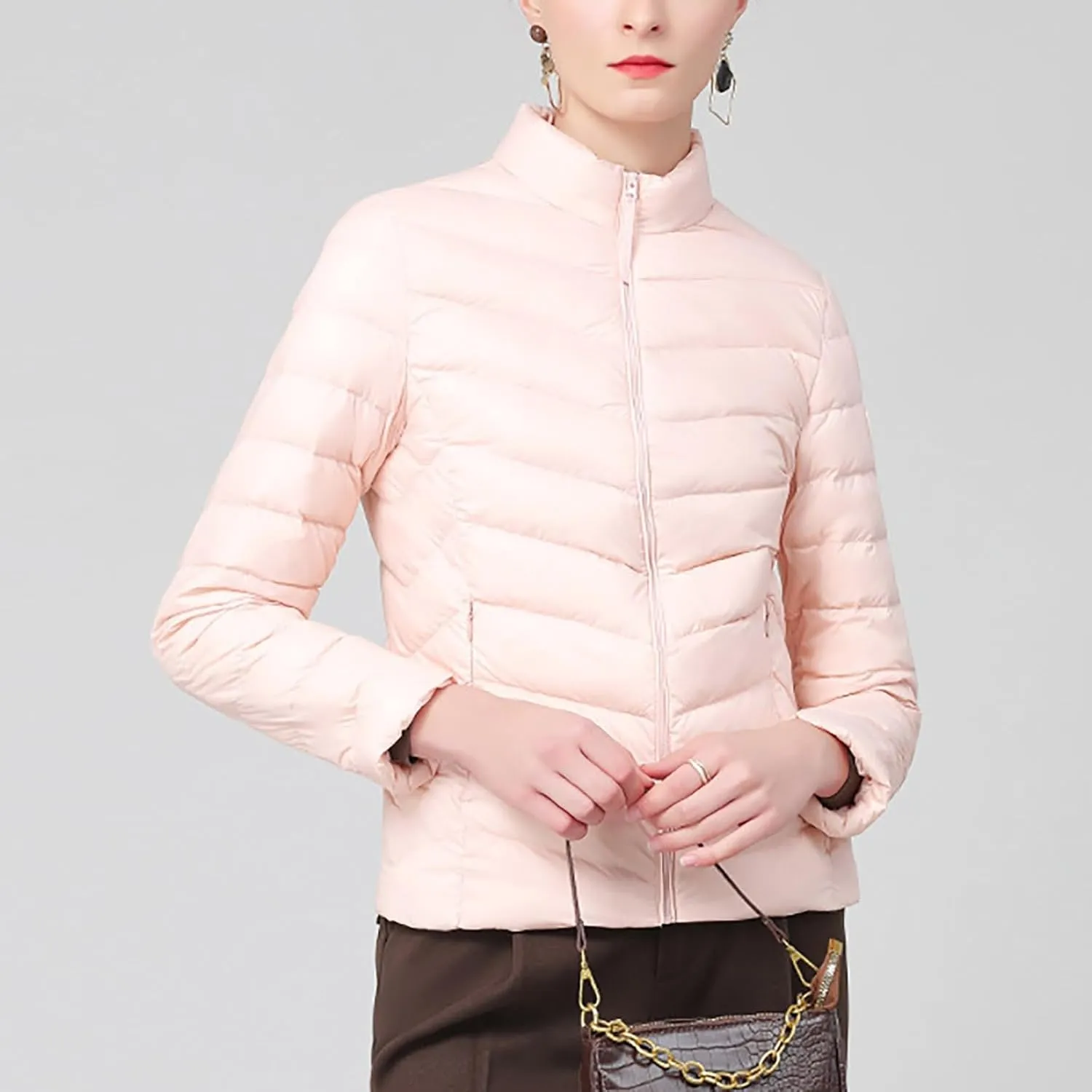 Borniu Women's Lightweight Puffer Jacket Stand Collar Zip Up Quilted Winter Coat Casual Slim Fit Warm Down Jackets