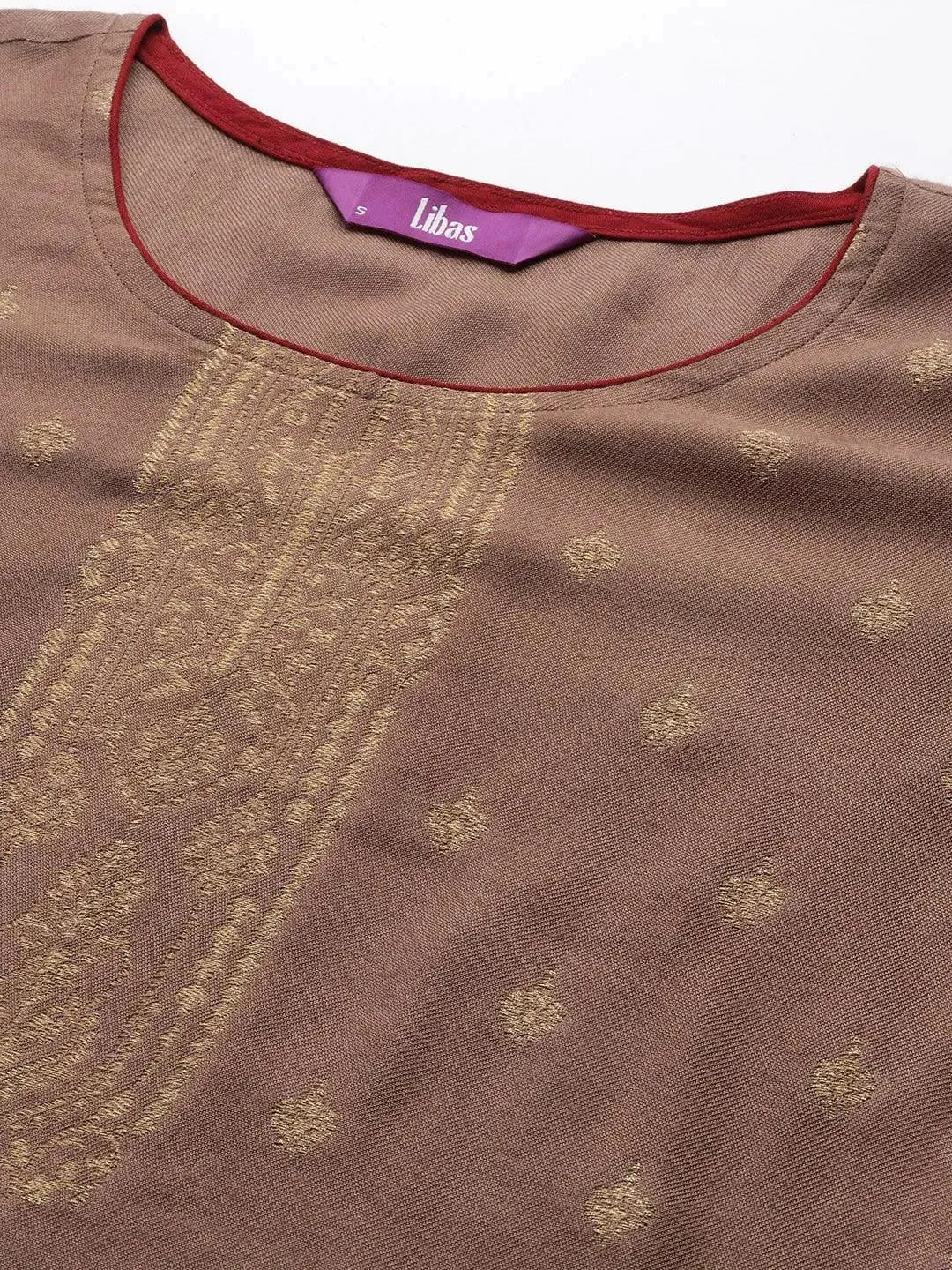 Brown Self Design Pashmina Wool Straight Kurta With Dupatta