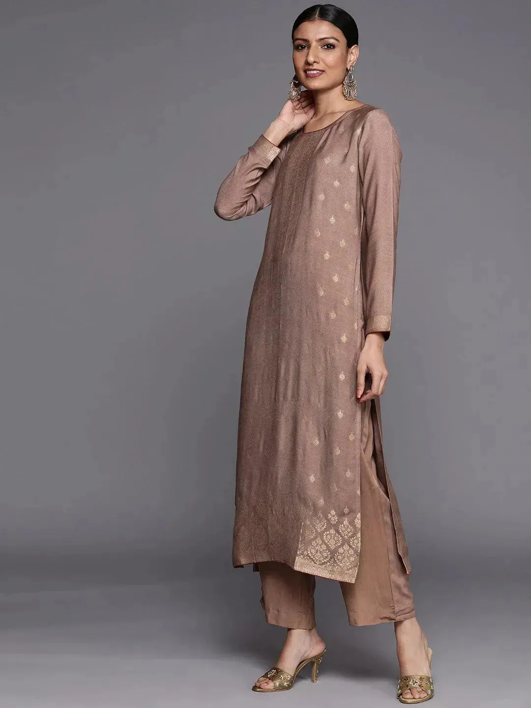 Brown Self Design Pashmina Wool Straight Kurta With Dupatta