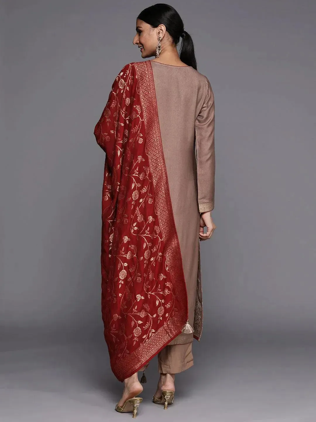 Brown Self Design Pashmina Wool Straight Kurta With Dupatta