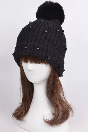 BUBBLE BEAD TOQUE WITH FAUX FUR POMPOM