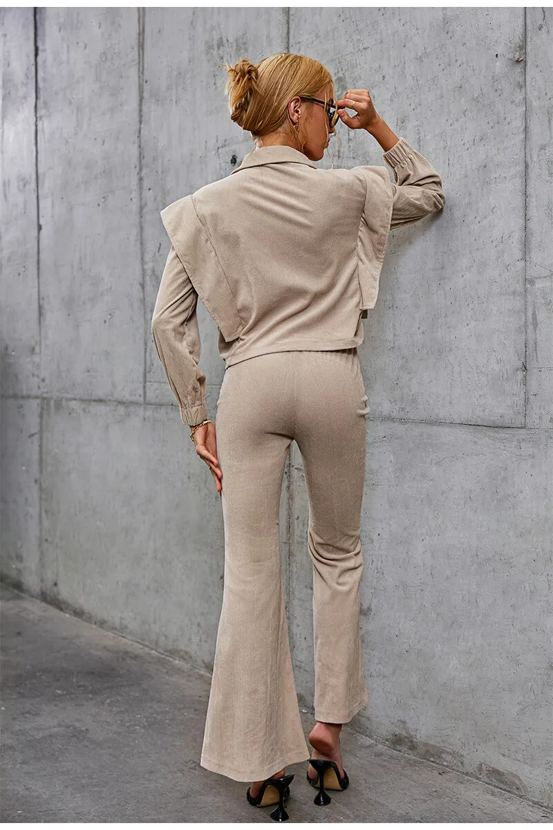 Button Front Corduroy Top and Flare Pants Set