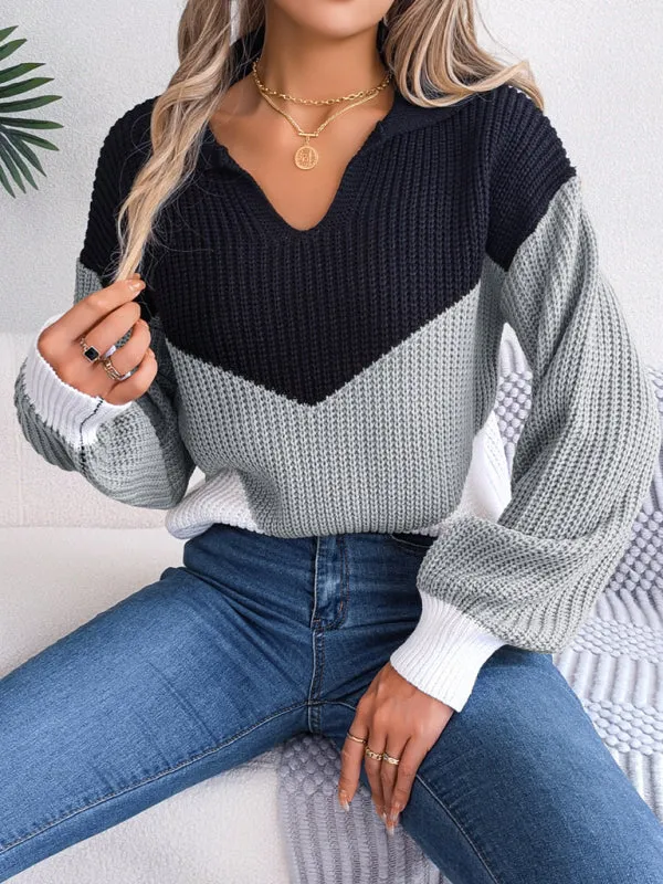 Colorblock Knitted Sweater - Warm Wool Knitwear Top