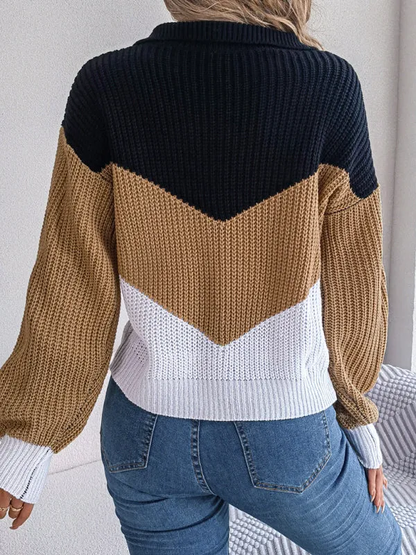 Colorblock Knitted Sweater - Warm Wool Knitwear Top