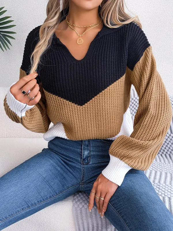 Colorblock Knitted Sweater - Warm Wool Knitwear Top