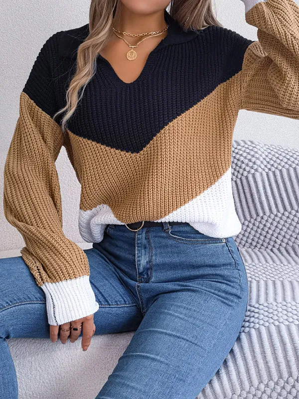 Colorblock Knitted Sweater - Warm Wool Knitwear Top