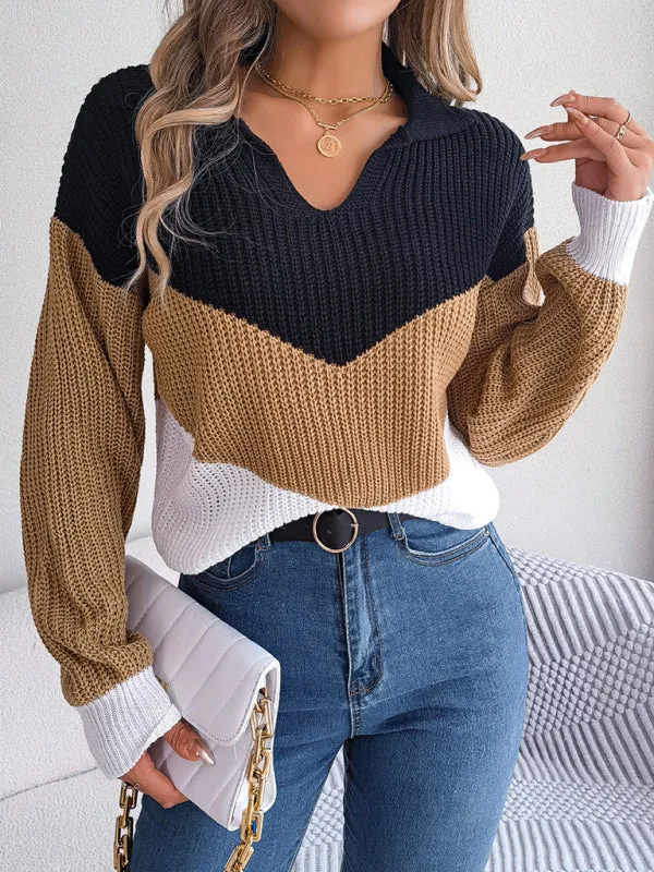 Colorblock Knitted Sweater - Warm Wool Knitwear Top
