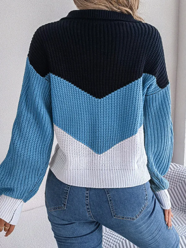 Colorblock Knitted Sweater - Warm Wool Knitwear Top