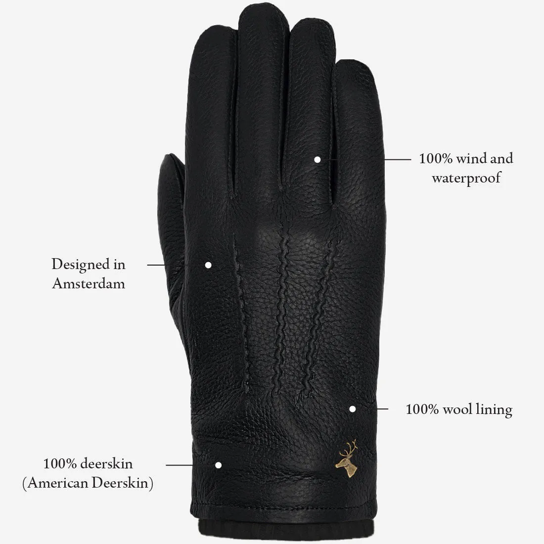 Columbus (black) – deerskin (American deerskin) leather gloves with warm wool lining