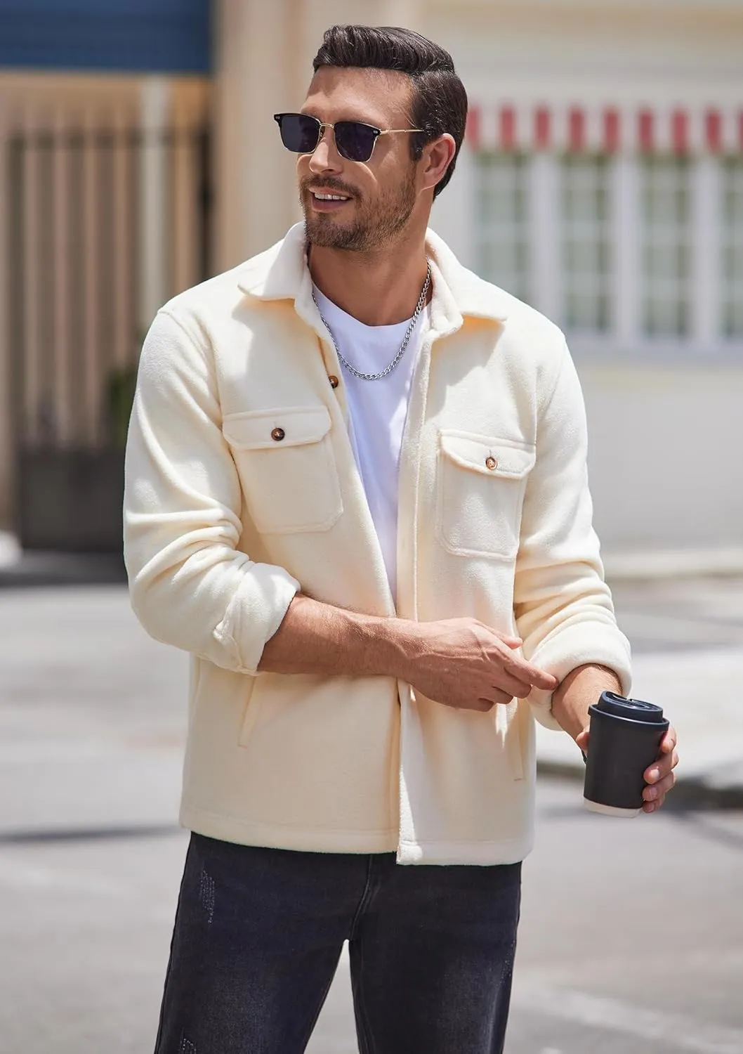 COOFANDY Men's Polar Fleece Shacket Long Sleeve Casual Button Down Shirt Jacket with Pockets